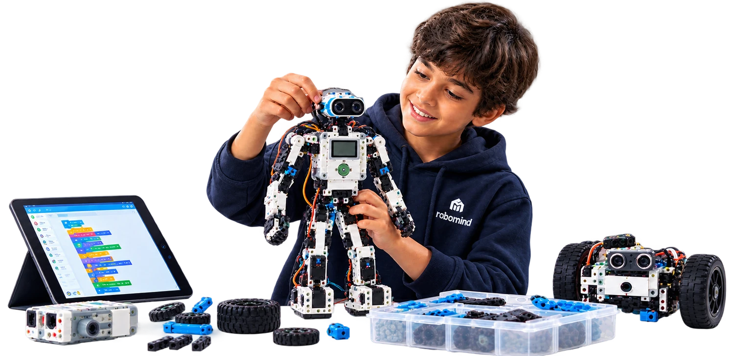 Menino sorridente montando um robô humanoide Robomind, com tablet de programação em blocos e carrinho robótico ao lado